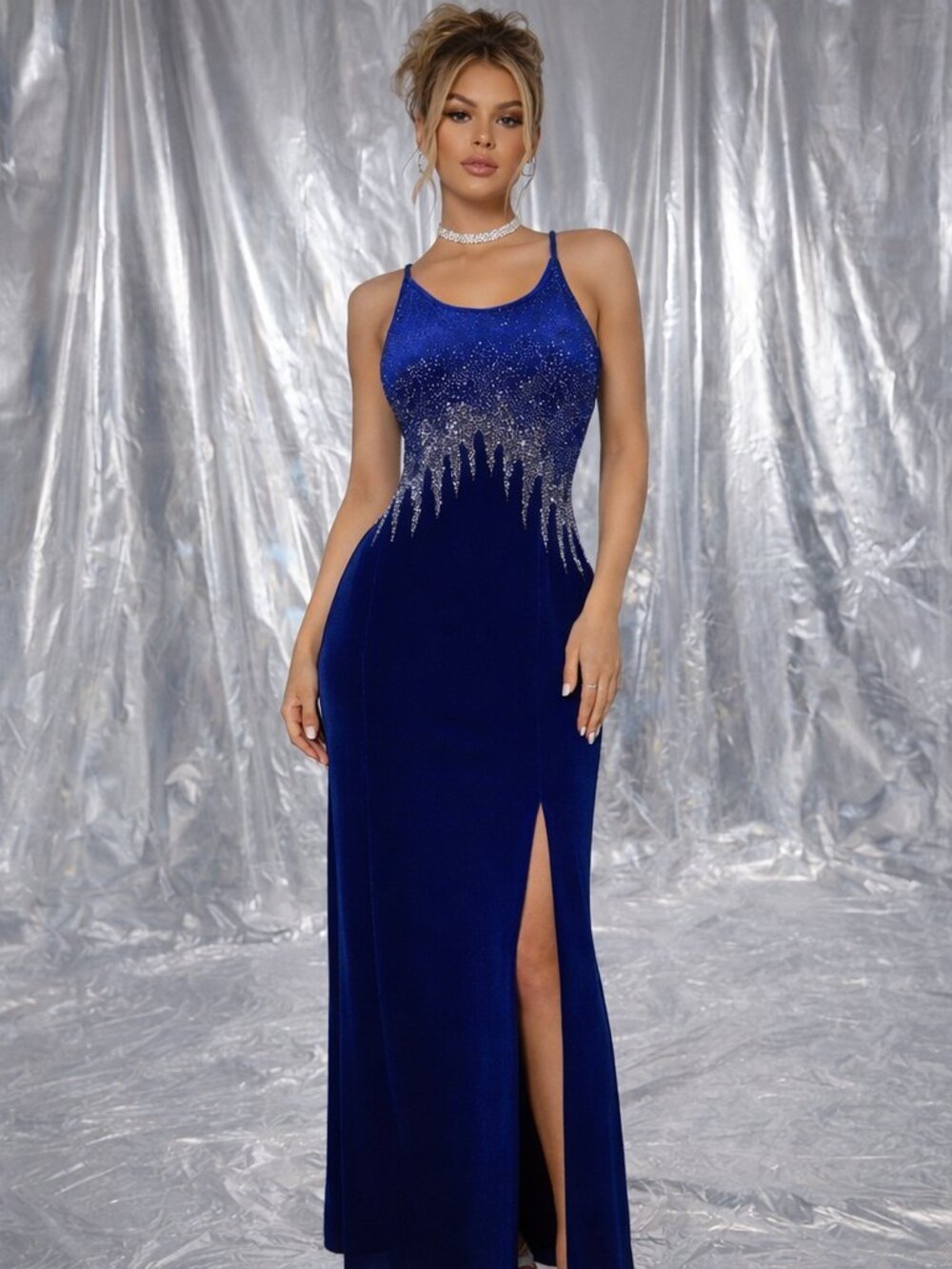 Vintage Aspeed Y2K 90s Strappy Velvet Icicle Beaded Maxi Dress Size Large